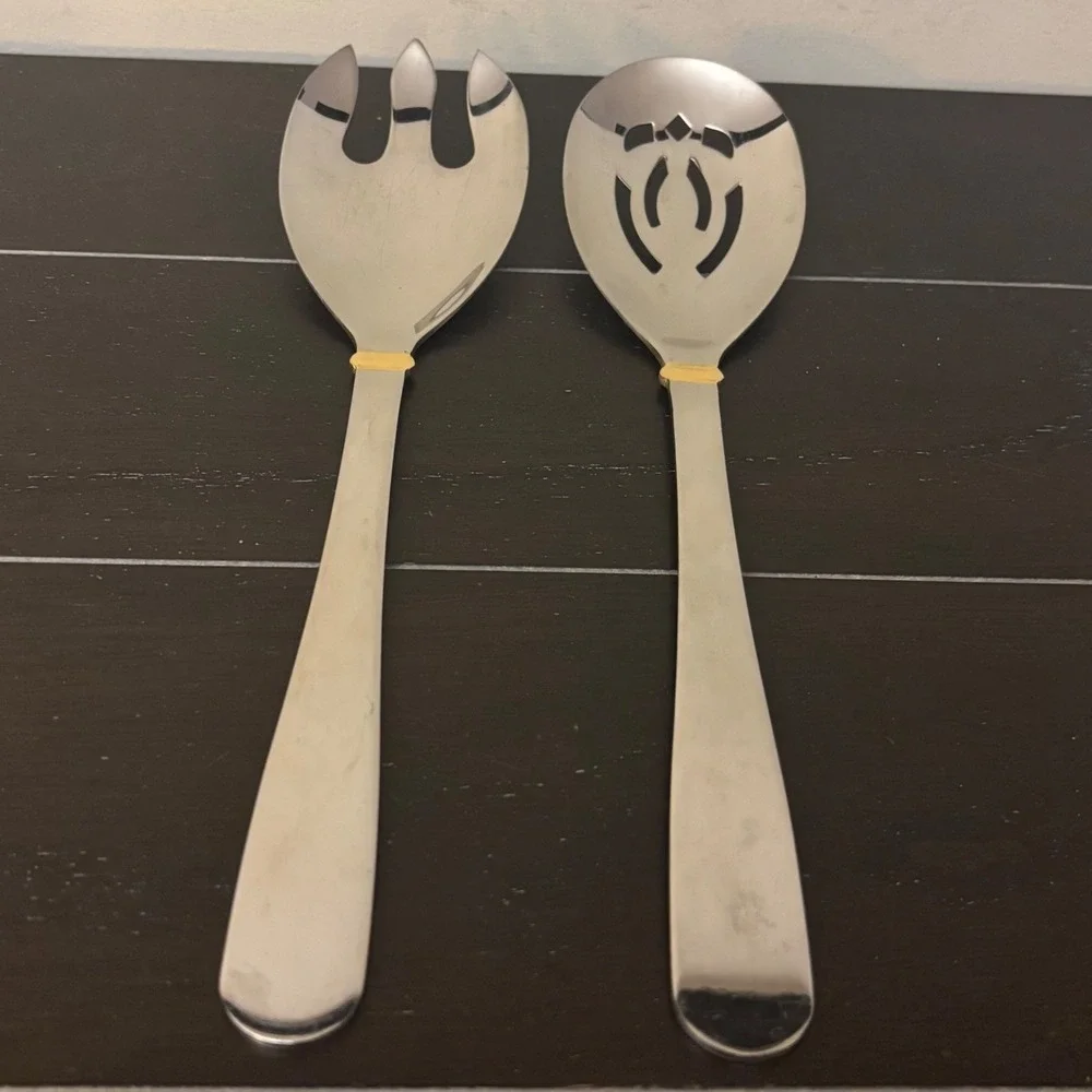 Stainless Steel Serving Set | Silver Gold Tone Accent‎ 11 Inch 2 Piece Set